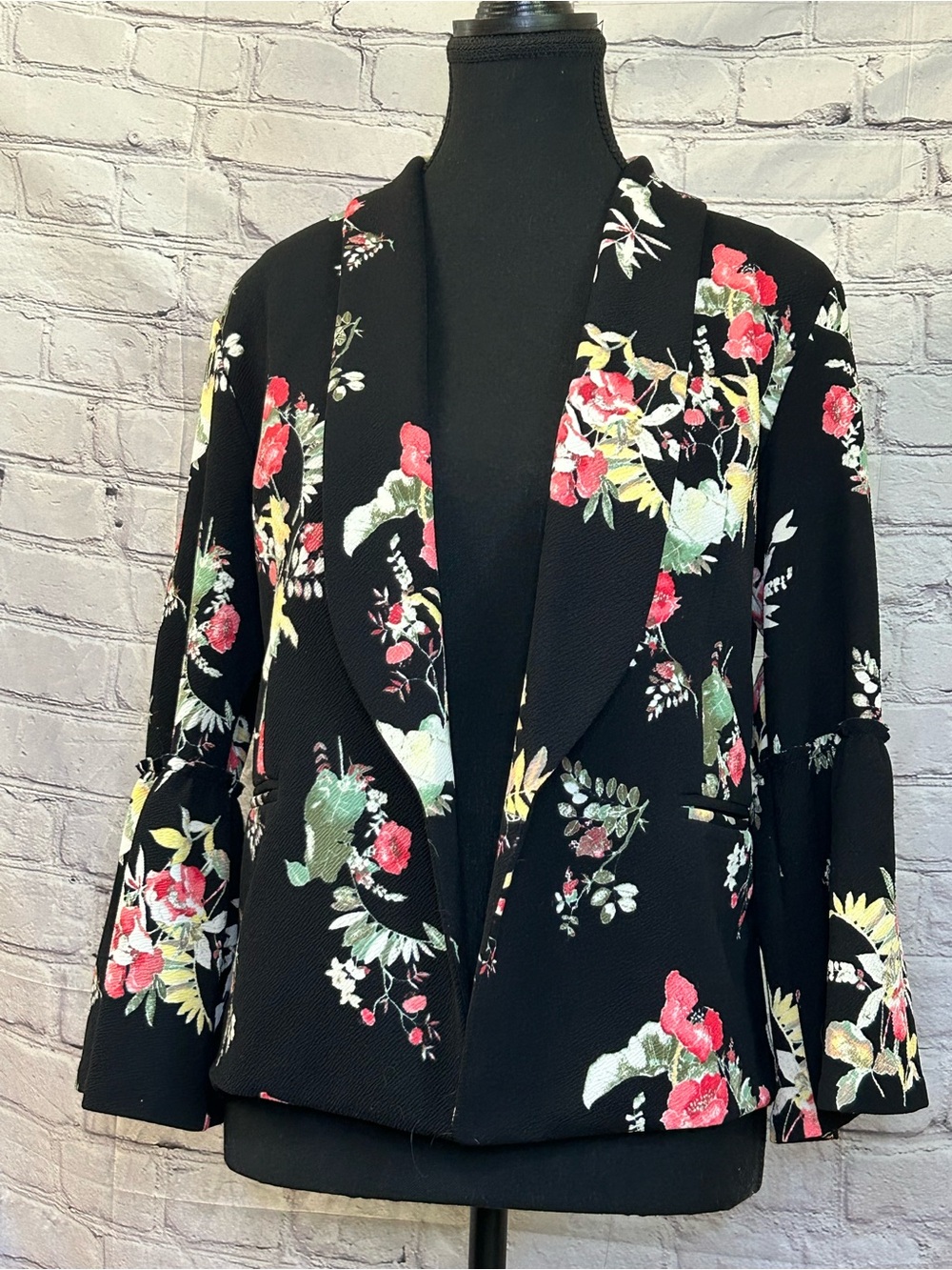 Maurices Black Floral Open-Front Blazer with Red & Green Accents